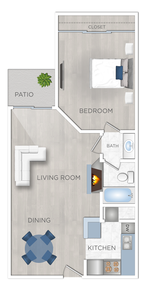 Floor plan for 1 bed, 1 bath, 665 sqft